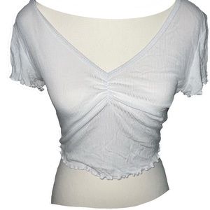 White, v cut, crop top, lettuce hem